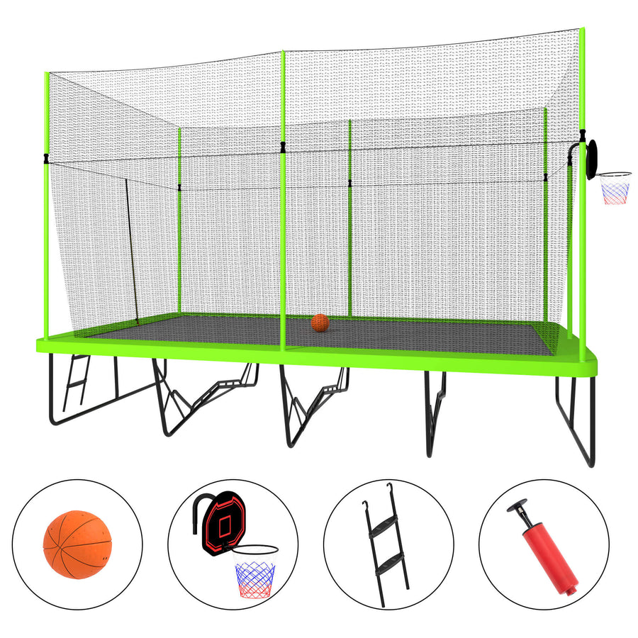 10FT by 17FT Green Rectangule Trampoline with Basketball Hoop and Ladder