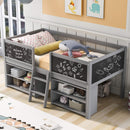 Twin Size Low Loft Bed with Decorative Guardrail Chalkboard and Storage