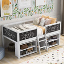 Twin Size Low Loft Bed with Decorative Guardrail Chalkboard and Storage