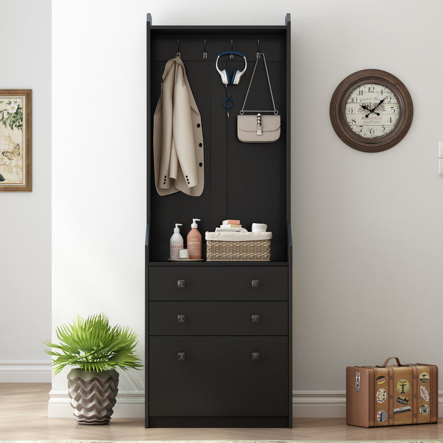 Black Narrow Hall Tree with Flip Drawer and Multi-functional Coat Rack