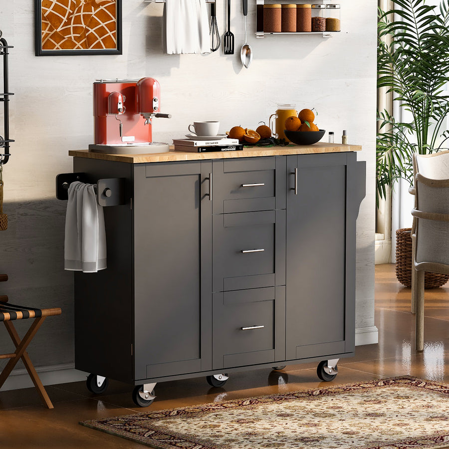 Black Rolling Kitchen Island with Storage and Rubber Wood Top