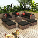 Outdoor Sectional Conversation Sofa Set with Black Cushions and Red Pillows