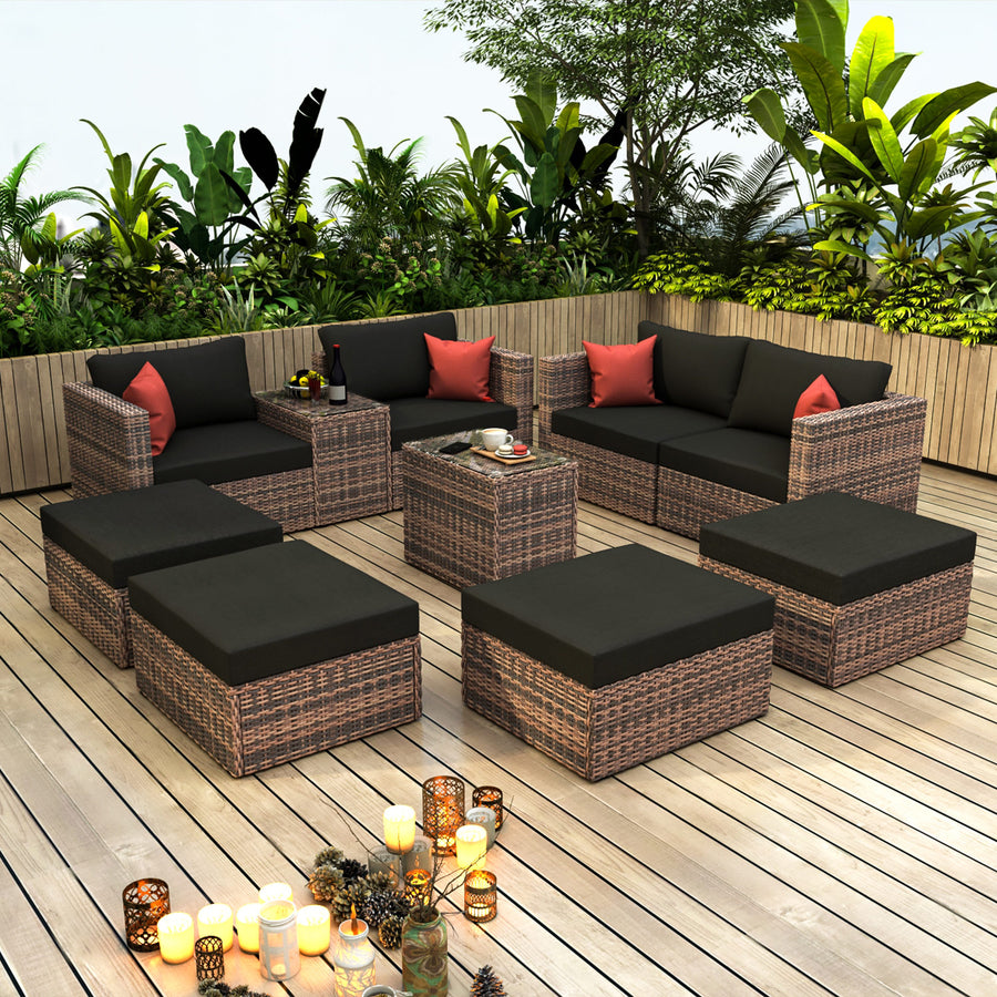 Outdoor Sectional Conversation Sofa Set with Black Cushions and Red Pi HHEvergreenEnsemble