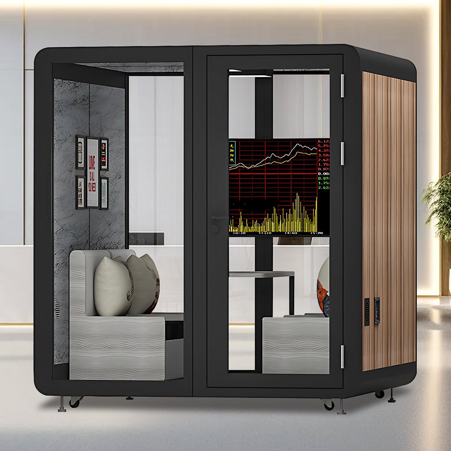 Office Sound Booth with Audio Privacy - Portable Soundproof Booth Includes Black Wood Grain Exterior Design,Movable Room with Light,Fans, USB Port for Study,Singing Room