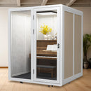 Office Sound Booth with Audio Privacy - Removable Soundproof Booth Includes White with Wood Grain Side Trim,Soundproof Room with Light,Fans, Socket for Singing Room,Telephone Booth