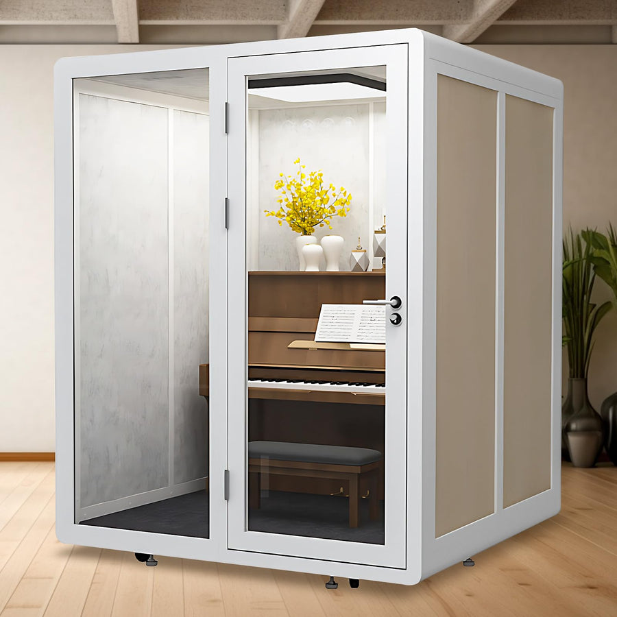 Office Sound Booth with Audio Privacy - Removable Soundproof Booth Includes White with Wood Grain Side Trim,Soundproof Room with Light,Fans, Socket for Singing Room,Telephone Booth