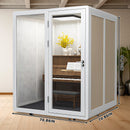 Office Sound Booth with Audio Privacy - Removable Soundproof Booth Includes White with Wood Grain Side Trim,Soundproof Room with Light,Fans, Socket for Singing Room,Telephone Booth