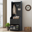 Black Narrow Hall Tree with Flip Drawer and Multi-functional Coat Rack