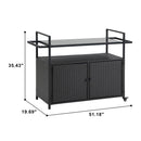 Black Outdoor Rolling Wicker Bar Cart with Glass Top