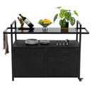 Black Outdoor Rolling Wicker Bar Cart with Glass Top