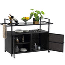 Black Outdoor Rolling Wicker Bar Cart with Glass Top