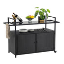 Black Outdoor Rolling Wicker Bar Cart with Glass Top