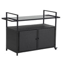 Black Outdoor Rolling Wicker Bar Cart with Glass Top