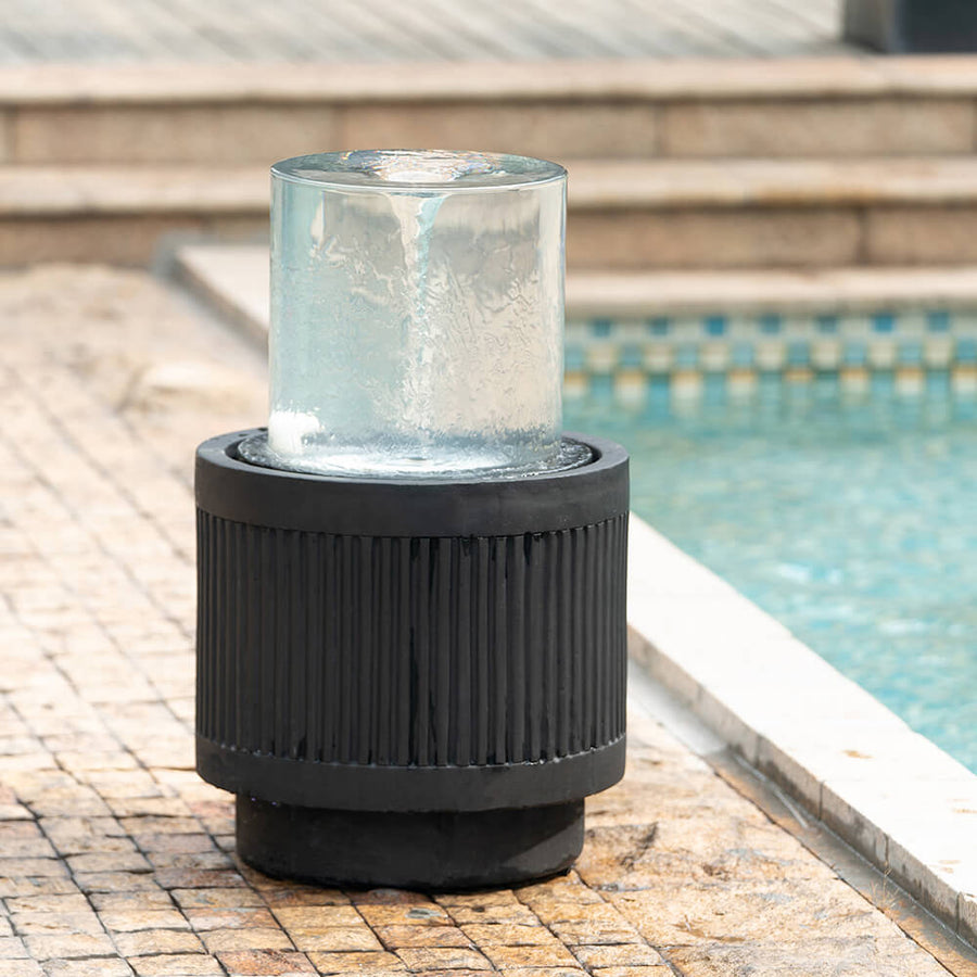 Heavy Cement Round Black Ribbed Outdoor Water Fountain with Light