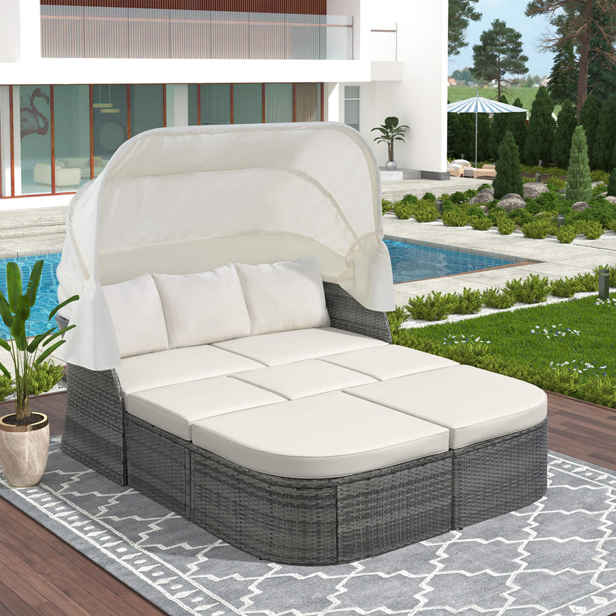 Outdoor Patio Daybed Sunbed Set with Retractable Canopy