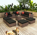 Outdoor Sectional Conversation Sofa Set with Black Cushions and Red Pillows