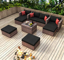 Outdoor Sectional Conversation Sofa Set with Black Cushions and Red Pillows