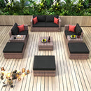 Outdoor Sectional Conversation Sofa Set with Black Cushions and Red Pillows