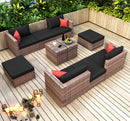 Outdoor Sectional Conversation Sofa Set with Black Cushions and Red Pillows