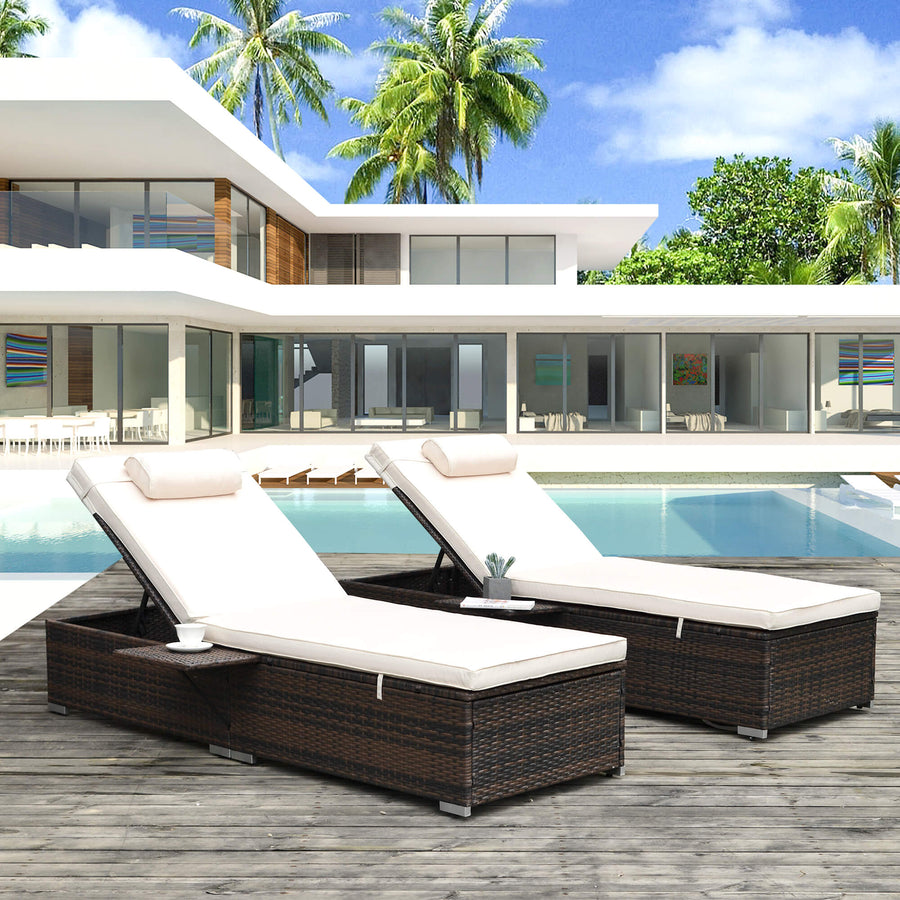 Outdoor Wicker Chaise Lounge Set with 2 Lounge Chair & 4 Cushions & 2 Head Pillows