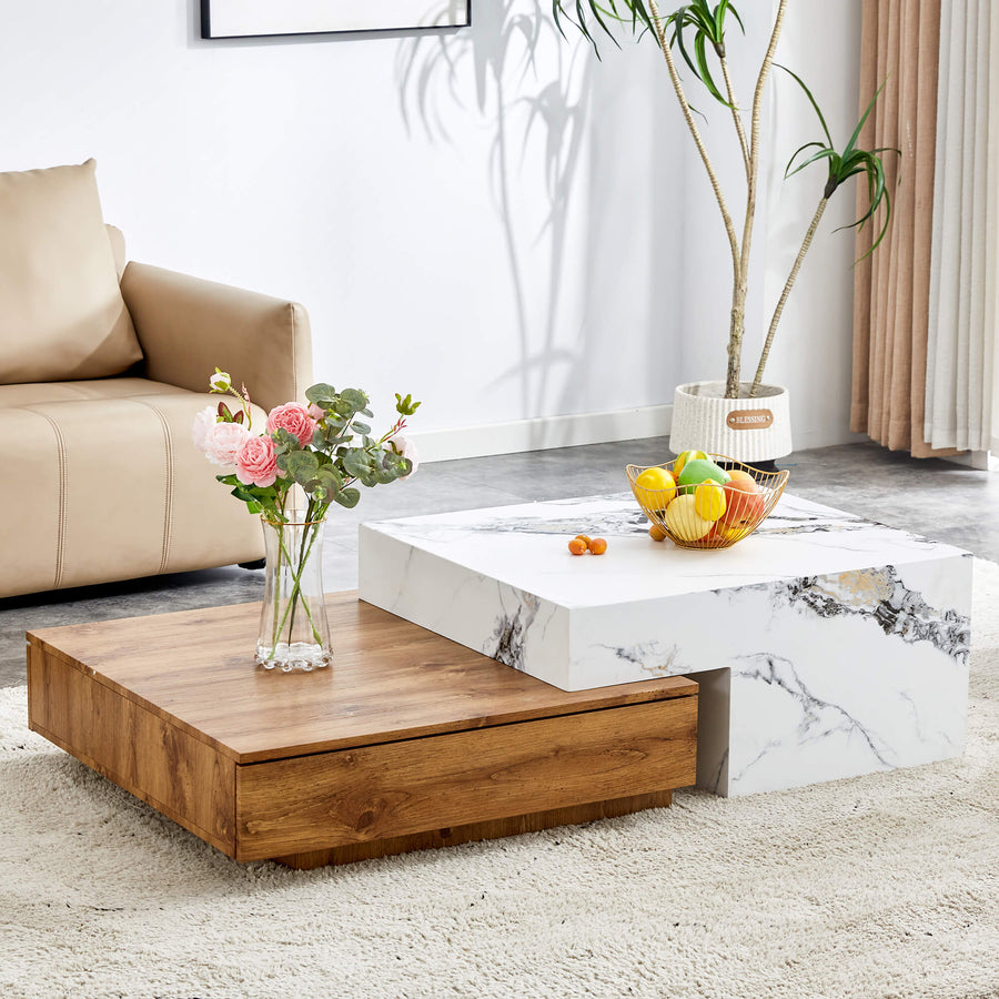 White and Wood Tones Coffee Table with Drawers